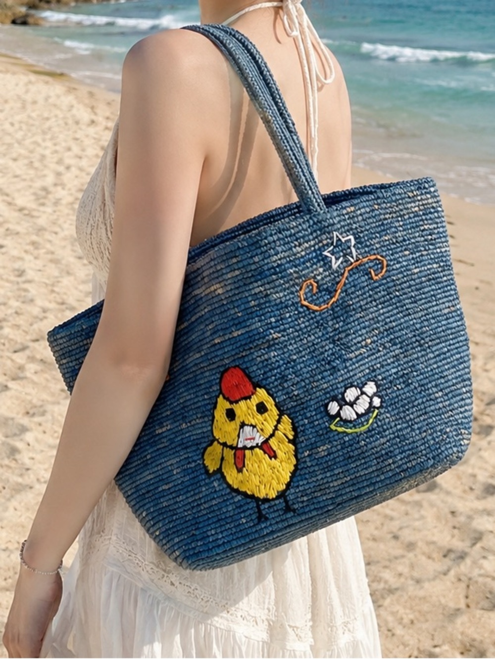Handwoven Raffia Tote Bag with Chicken Embroidery Summer Straw Shoulder Bag